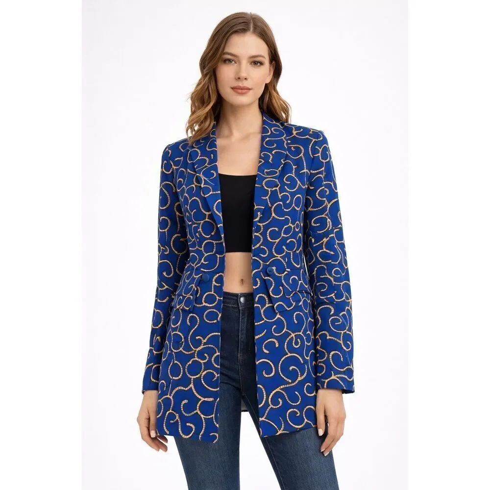 ChicMe Blue Gold Chain Print Blazer Jacket Women’s Large